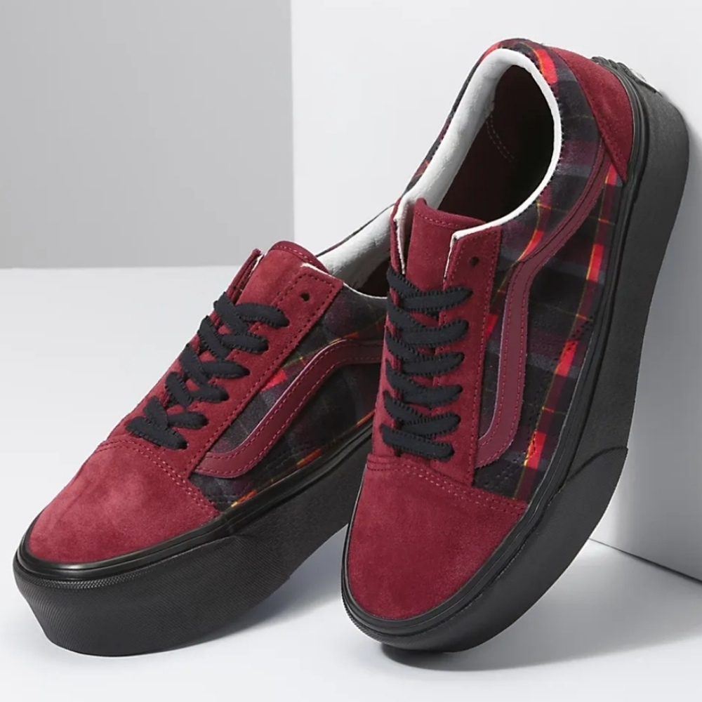 NWT Vans Old Skool Stackform Velvet Plaid Port Red Plaid Platform Sneakers - 9 - Picture 4 of 10